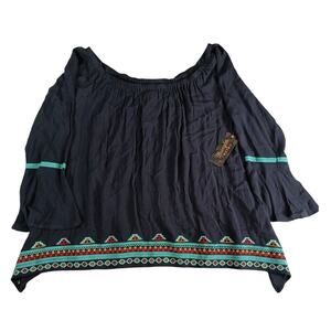 Wrangler Retro Shirt Womens Black Large Boho Western Embroidered Flowy NWT